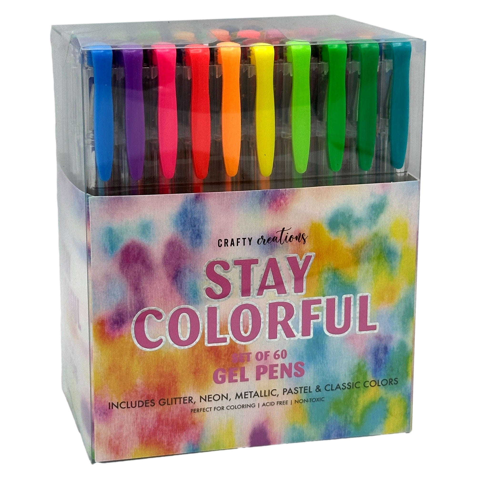 Colorful set of gel pens in clear plastic packaging with a tie-dye box.
